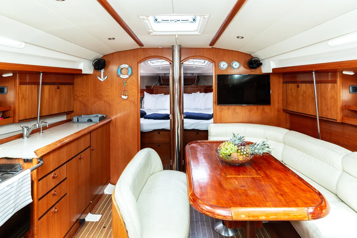 Salon of Elpida, a Jeanneau Sun Odyssey 45 sailboat at Sithonia Municipal Unit, Greece