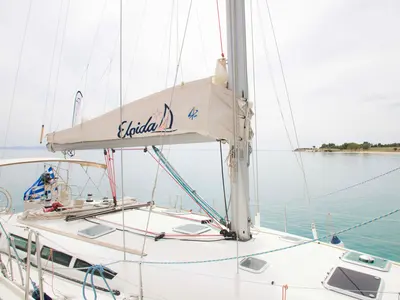 Deck of Elpida, a Jeanneau Sun Odyssey 45 sailboat at Sithonia Municipal Unit, Greece