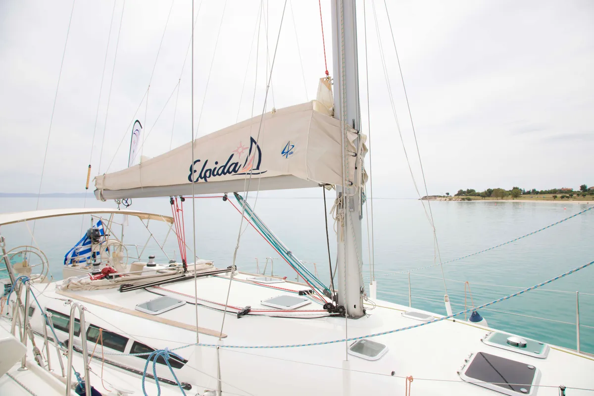 Deck of Elpida, a Jeanneau Sun Odyssey 45 sailboat at Sithonia Municipal Unit, Greece