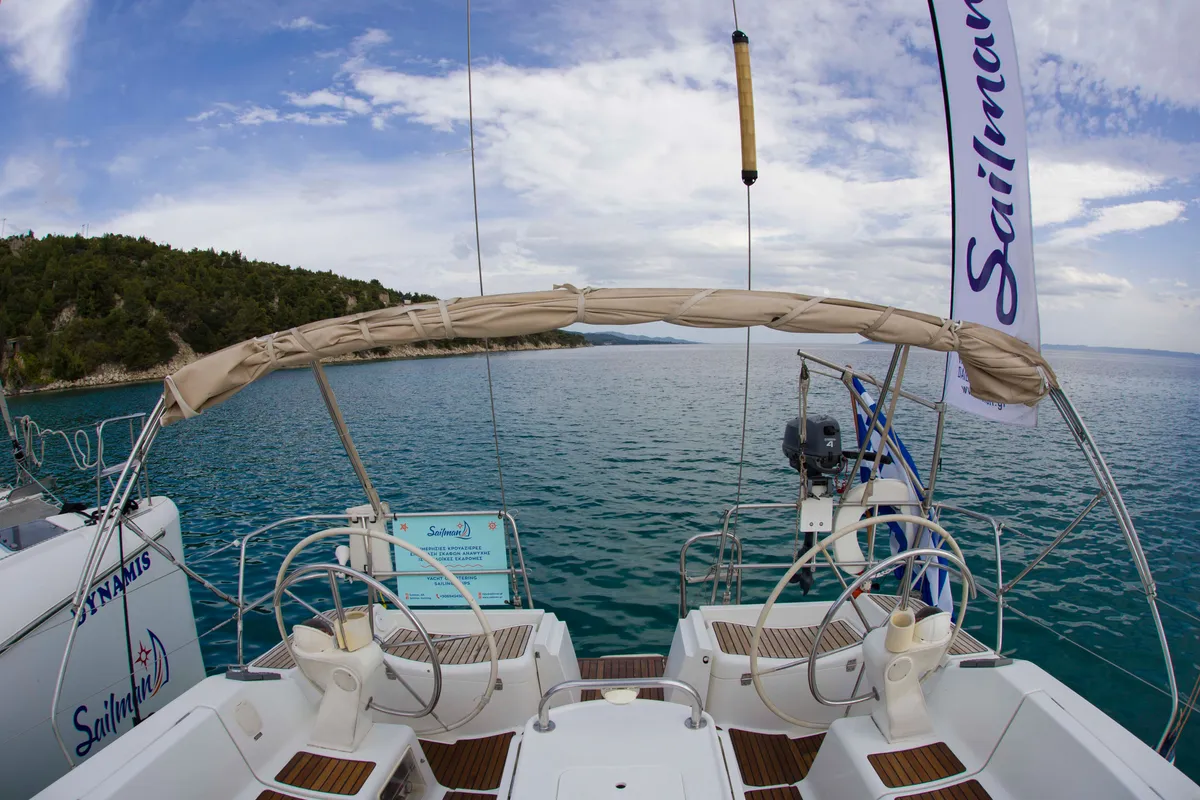 Cockpit of Elpida, a Jeanneau Sun Odyssey 45 sailboat at Sithonia Municipal Unit, Greece