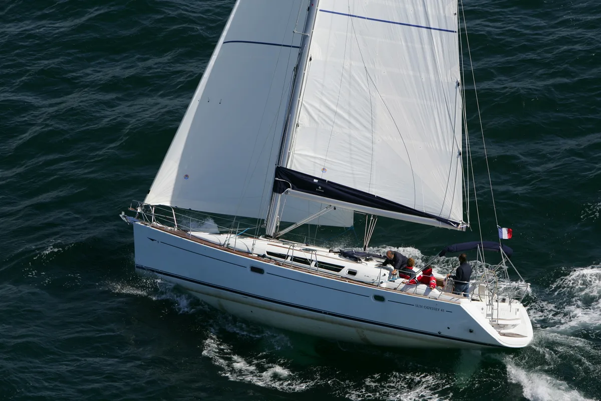 Exterior view of Elpida, a Jeanneau Sun Odyssey 45 sailboat at Sithonia Municipal Unit, Greece