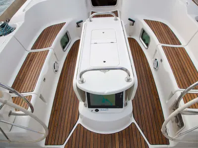 Cockpit of Elpida, a Jeanneau Sun Odyssey 45 sailboat at Sithonia Municipal Unit, Greece