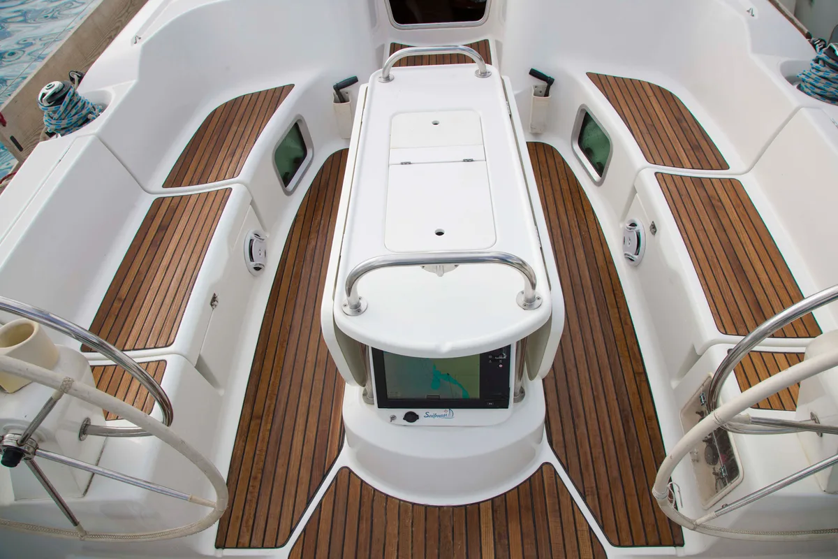 Cockpit of Elpida, a Jeanneau Sun Odyssey 45 sailboat at Sithonia Municipal Unit, Greece