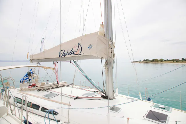 Deck of Elpida, a Jeanneau Sun Odyssey 45 sailboat at Sithonia Municipal Unit, Greece