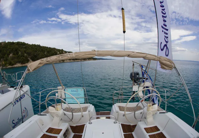 Deck of Elpida, a Jeanneau Sun Odyssey 45 sailboat at Sithonia Municipal Unit, Greece