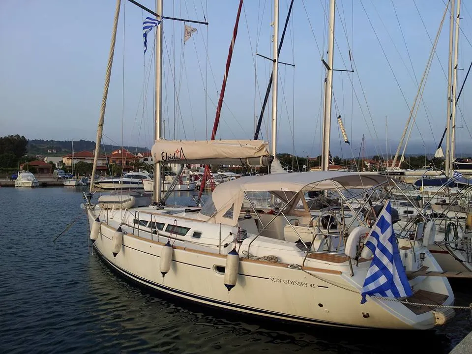 Exterior view of Elpida, a Jeanneau Sun Odyssey 45 sailboat at Sithonia Municipal Unit, Greece