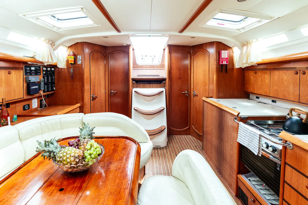 Salon of Elpida, a Jeanneau Sun Odyssey 45 sailboat at Sithonia Municipal Unit, Greece