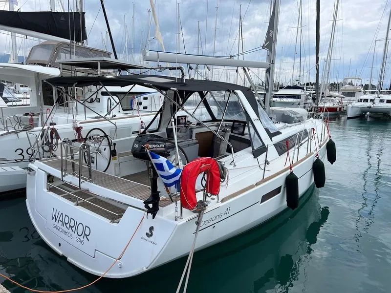 Cockpit of Warrior, a Beneteau Oceanis 41 sailboat at Kontokali, Greece