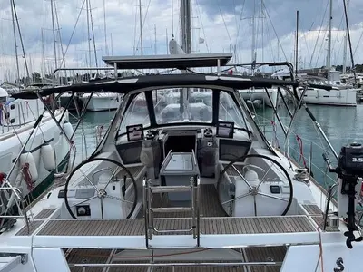 Cockpit of Warrior, a Beneteau Oceanis 41 sailboat at Kontokali, Greece