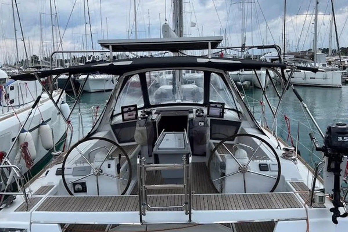 Cockpit of Warrior, a Beneteau Oceanis 41 sailboat at Kontokali, Greece