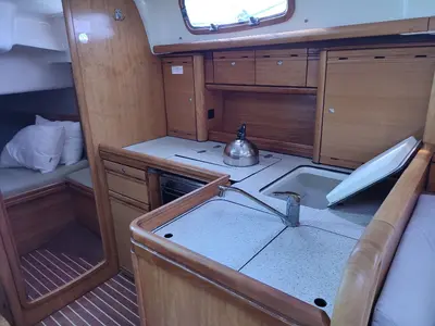 Galley of Big Blue Horizon, a Bavaria 37 Cruiser sailboat at Kontokali, Greece