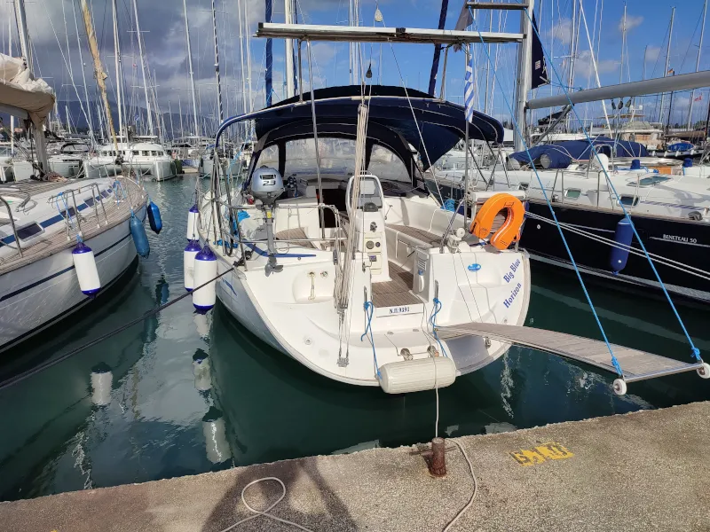 Exterior view of Big Blue Horizon, a Bavaria 37 Cruiser sailboat at Kontokali, Greece