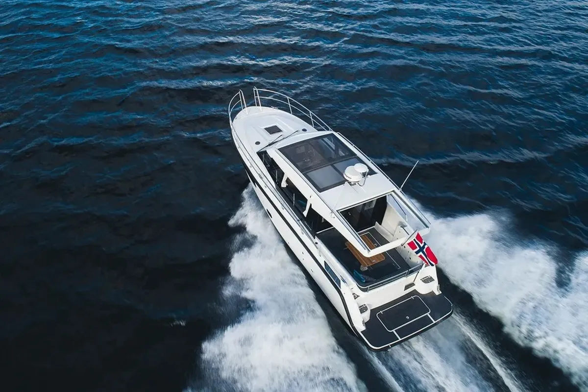 Exterior view of Timeless, a Viknes Skilso 35 Panorama motorboat at Općina Sukošan, Croatia