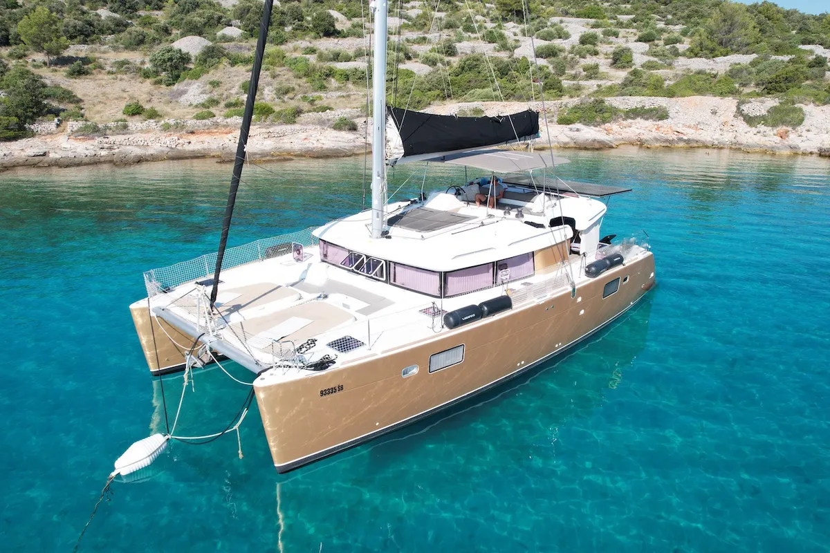Black Duck, a Lagoon 450 Fly catamaran at Pirovac, Croatia