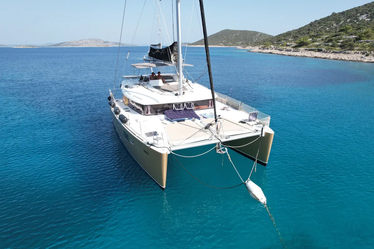 Black Duck, a Lagoon 450 Fly catamaran at Pirovac, Croatia