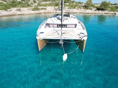 Black Duck, a Lagoon 450 Fly catamaran at Pirovac, Croatia