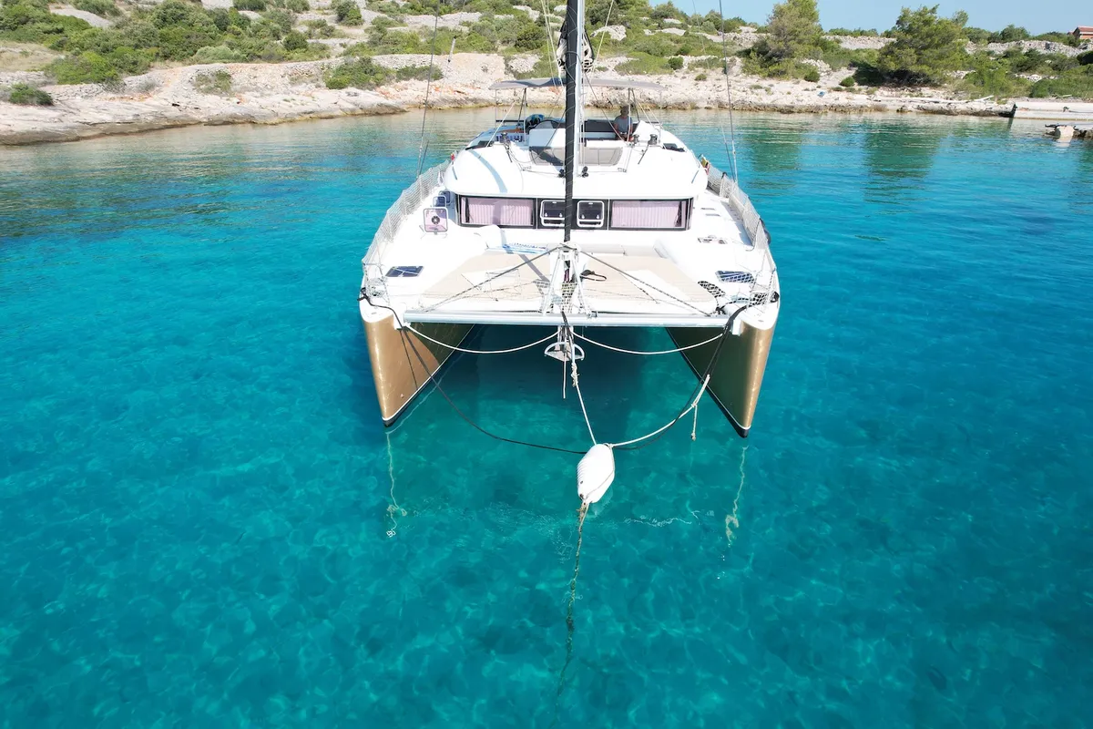 Black Duck, a Lagoon 450 Fly catamaran at Pirovac, Croatia
