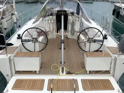 Cockpit of Teuta, a Cobra 38 sailboat at Grad Biograd na Moru, Croatia