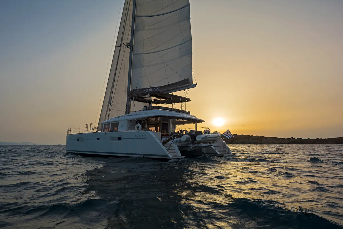 Exterior view of Meliti, a Lagoon 560 catamaran at Athens, Greece