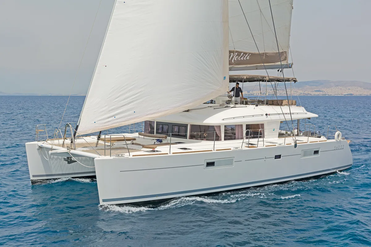 Exterior view of Meliti, a Lagoon 560 catamaran at Athens, Greece