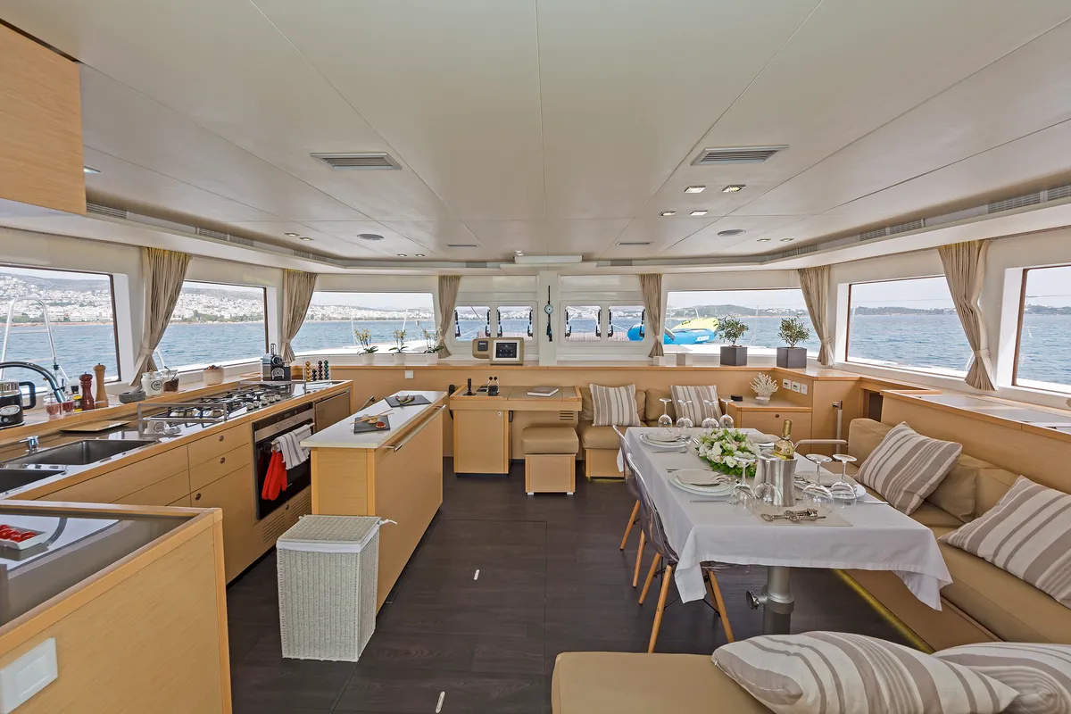 Salon of Meliti, a Lagoon 560 catamaran at Athens, Greece