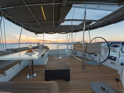 Cockpit of Meliti, a Lagoon 560 catamaran at Athens, Greece
