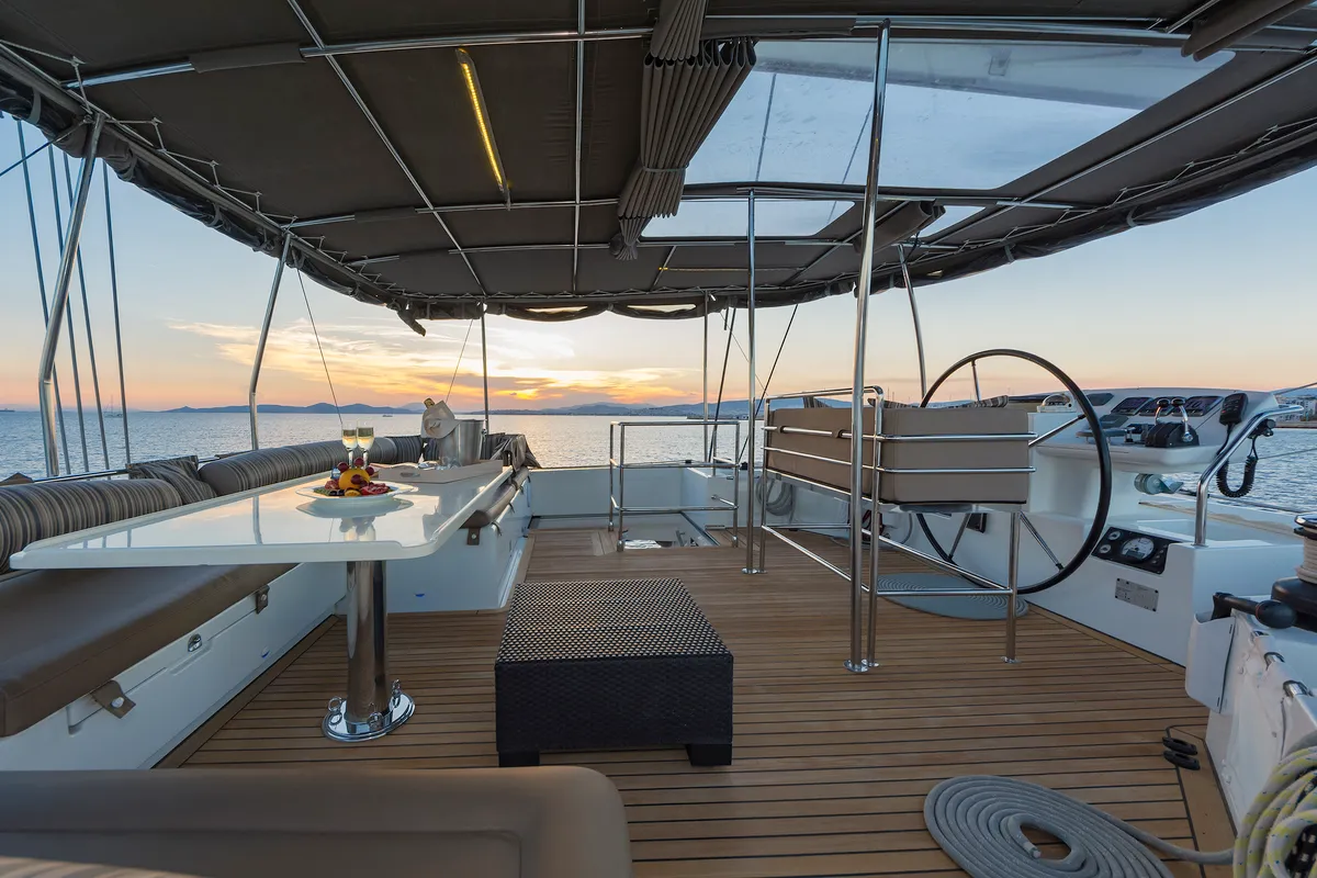 Cockpit of Meliti, a Lagoon 560 catamaran at Athens, Greece
