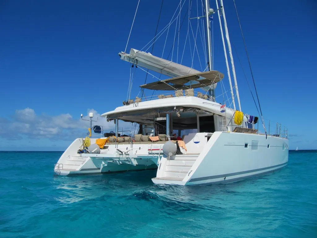 Exterior view of Meliti, a Lagoon 560 catamaran at Athens, Greece