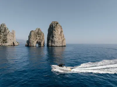 Exterior view of De Antonio D32, a motorboat at Sorrento, Italy
