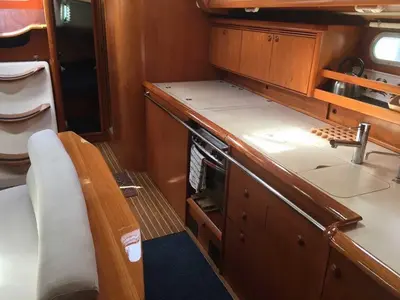 Galley of Joy, a Jeanneau Sun Odyssey 49 sailboat at Kontokali, Greece