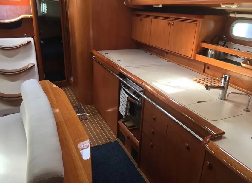 Galley of Joy, a Jeanneau Sun Odyssey 49 sailboat at Kontokali, Greece