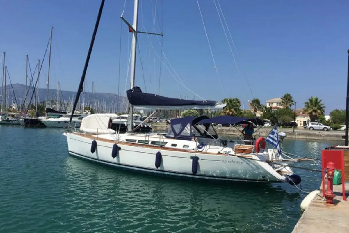 Exterior view of Joy, a Jeanneau Sun Odyssey 49 sailboat at Kontokali, Greece