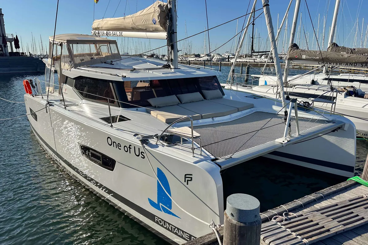 Exterior view of One of Us, a Fountaine Pajot Isla 40 catamaran at Rostock, Germany