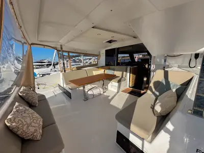 Deck of One of Us, a Fountaine Pajot Isla 40 catamaran at Rostock, Germany