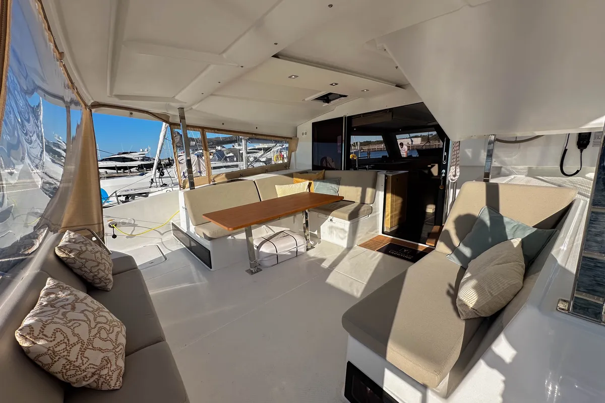 Deck of One of Us, a Fountaine Pajot Isla 40 catamaran at Rostock, Germany