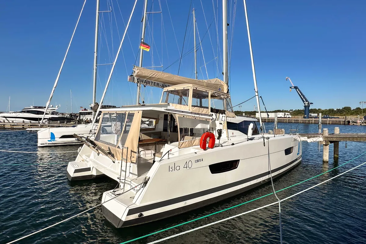 Exterior view of One of Us, a Fountaine Pajot Isla 40 catamaran at Rostock, Germany