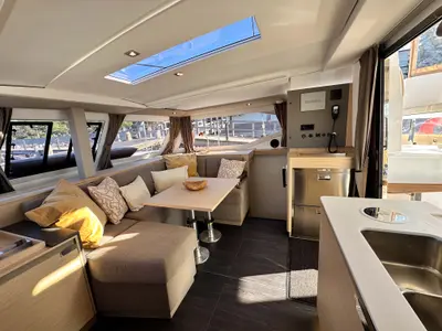 Salon of One of Us, a Fountaine Pajot Isla 40 catamaran at Rostock, Germany