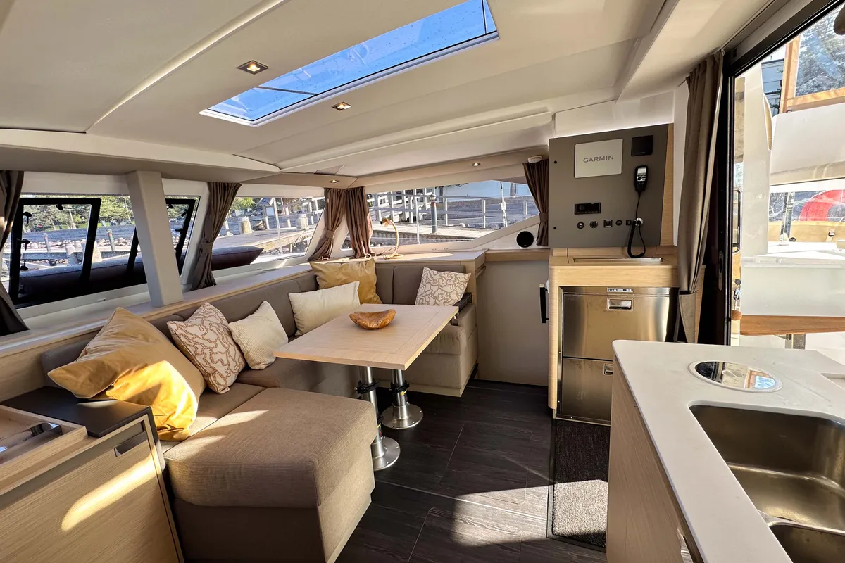 Salon of One of Us, a Fountaine Pajot Isla 40 catamaran at Rostock, Germany