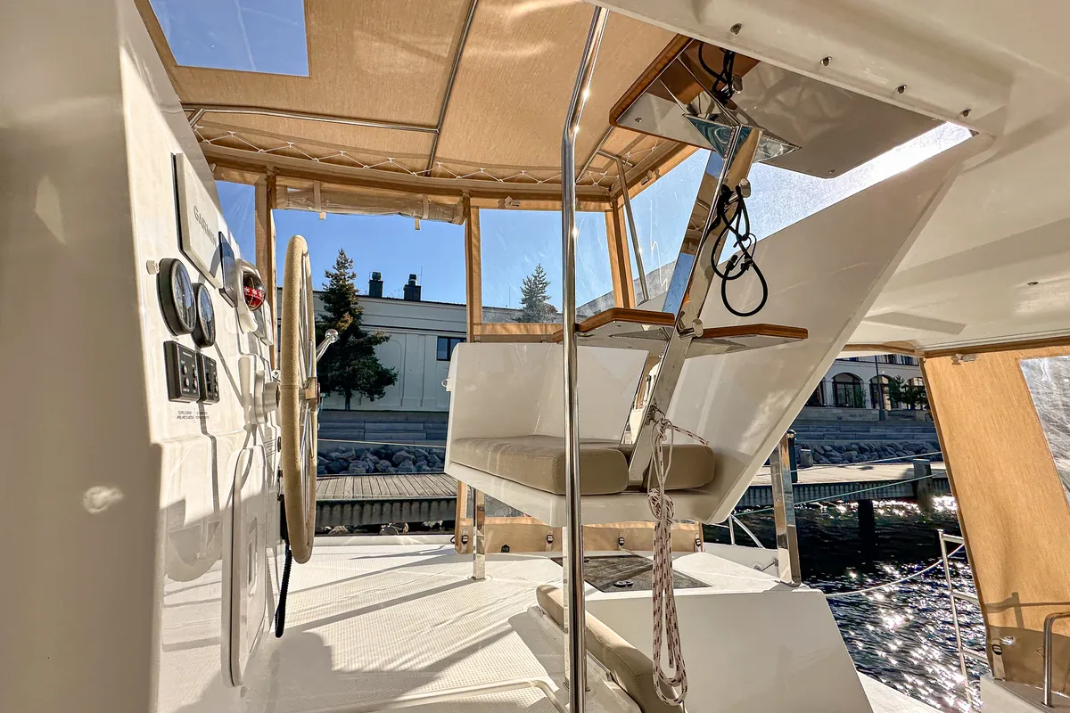 Cockpit of One of Us, a Fountaine Pajot Isla 40 catamaran at Rostock, Germany