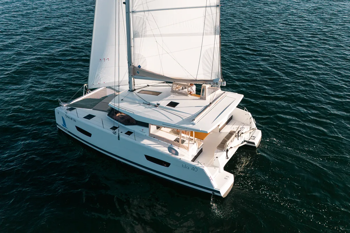 Exterior view of One of Us, a Fountaine Pajot Isla 40 catamaran at Rostock, Germany