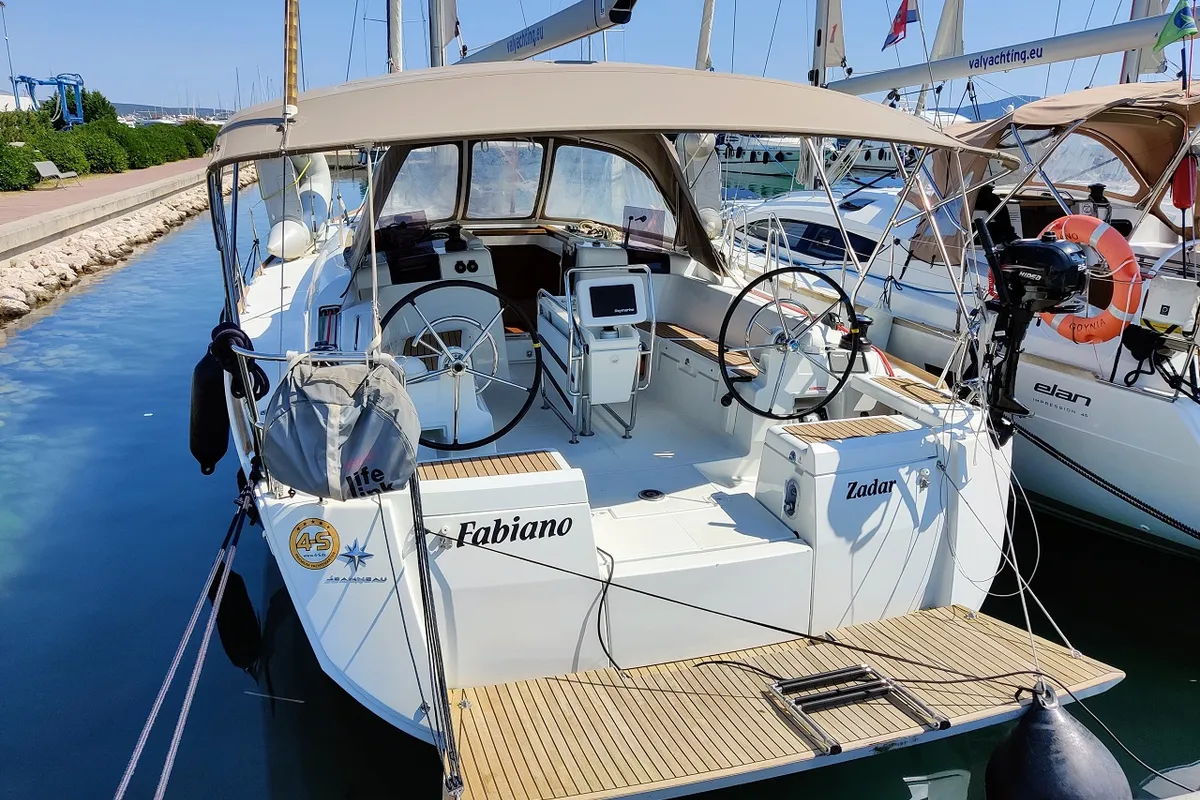 Exterior view of Fabiano II, a Jeanneau Sun Odyssey 449 sailboat at Općina Sukošan, Croatia
