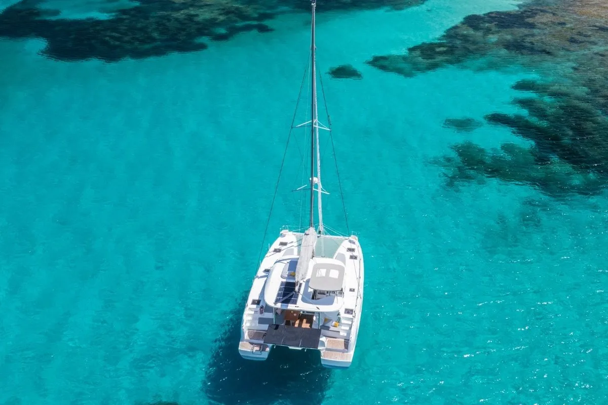 Exterior view of SARON, a Lagoon 38 catamaran at Municipal Unit of Lefkada, Greece