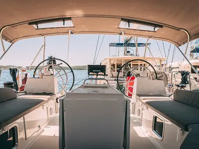 Cockpit of Yelmo, a Jeanneau 54 sailboat at Sant Antoni de Portmany, Spain