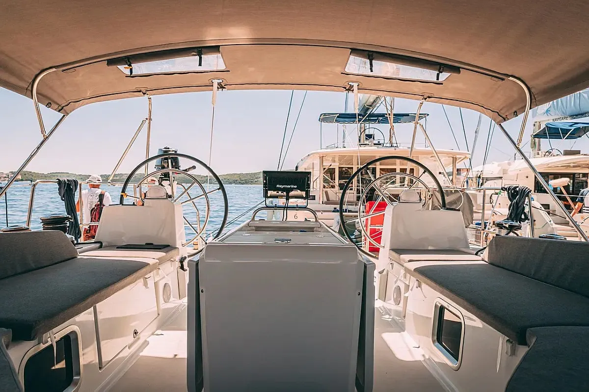 Cockpit of Yelmo, a Jeanneau 54 sailboat at Sant Antoni de Portmany, Spain