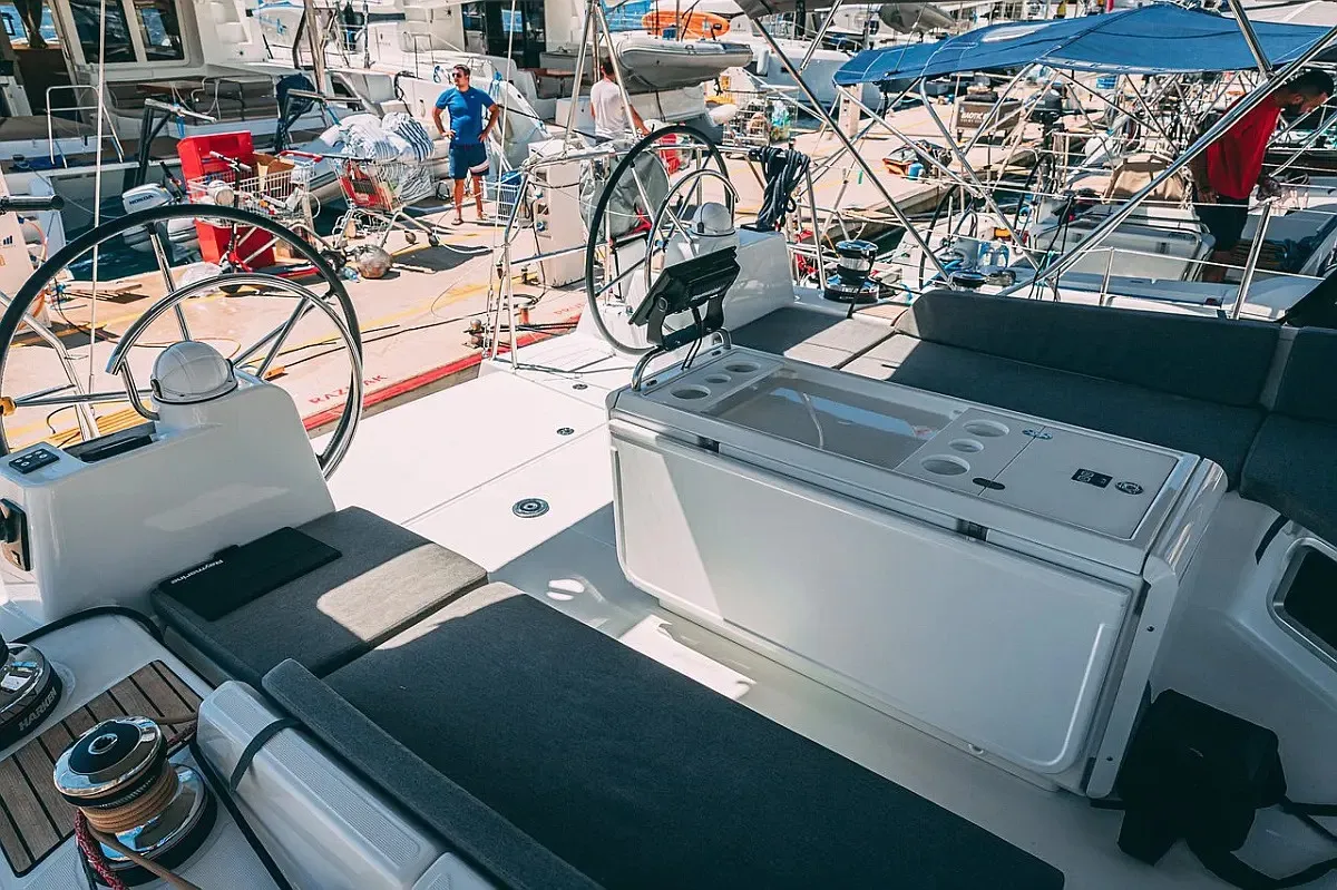 Cockpit of Yelmo, a Jeanneau 54 sailboat at Sant Antoni de Portmany, Spain