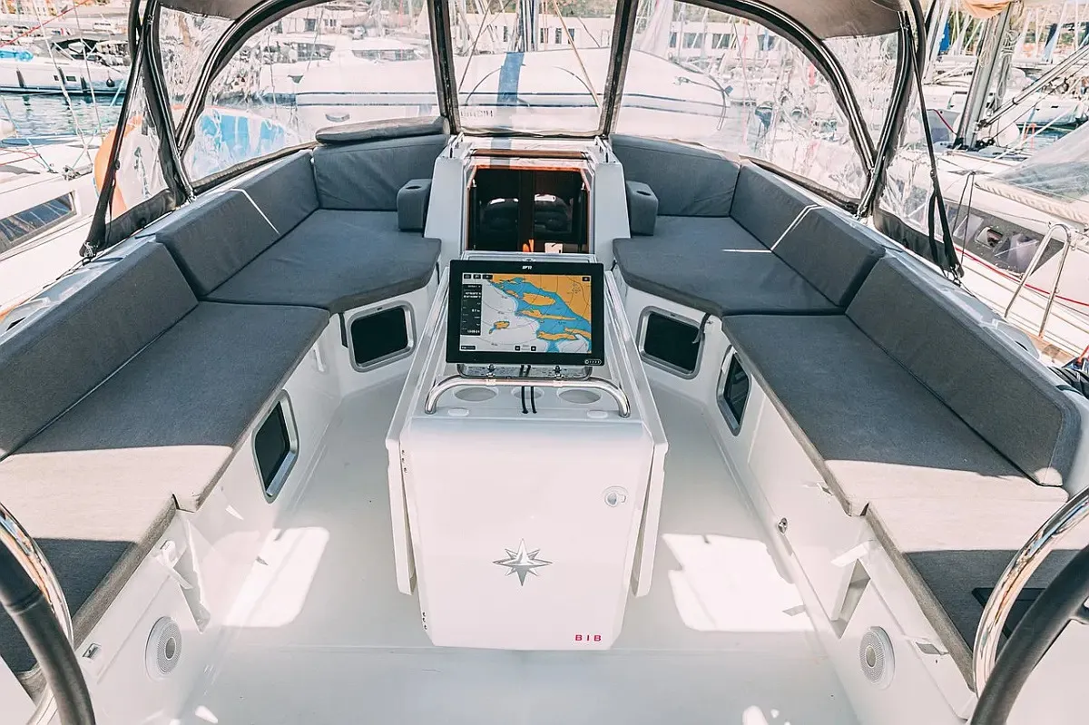 Cockpit of Yelmo, a Jeanneau 54 sailboat at Sant Antoni de Portmany, Spain