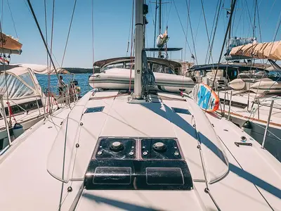 Deck of Yelmo, a Jeanneau 54 sailboat at Sant Antoni de Portmany, Spain