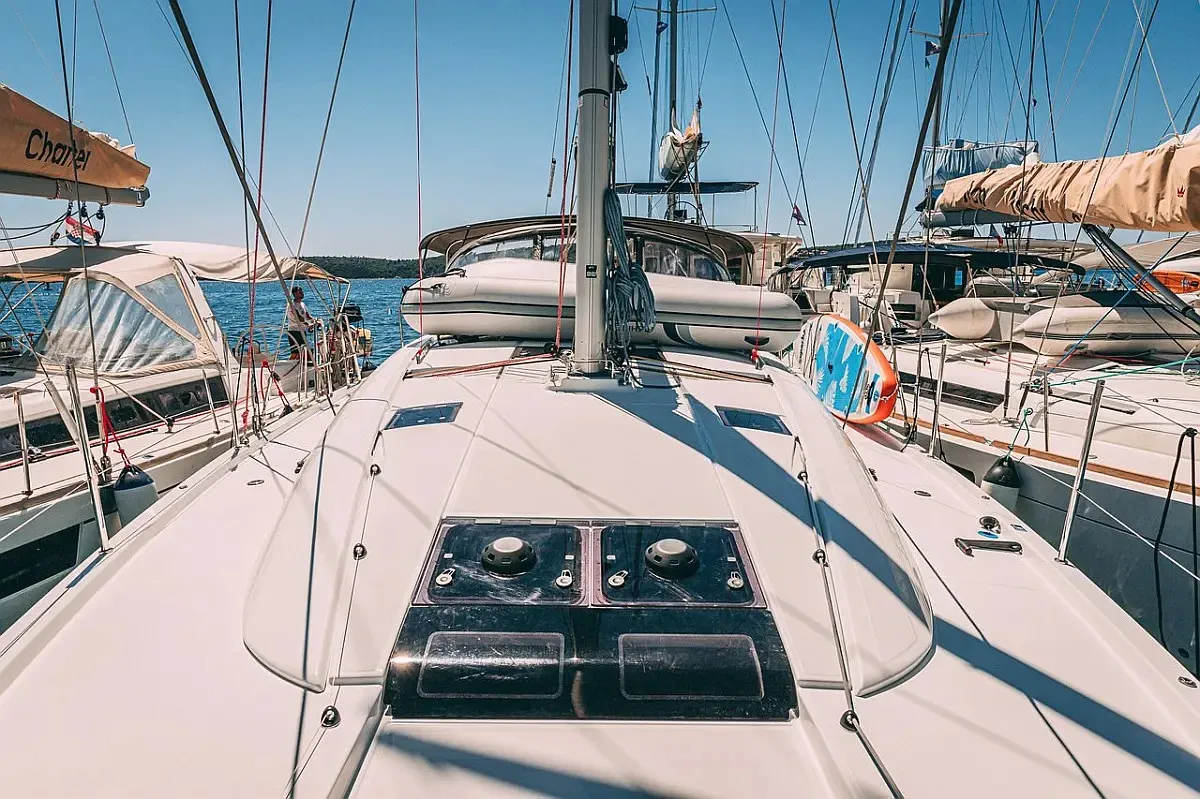 Deck of Yelmo, a Jeanneau 54 sailboat at Sant Antoni de Portmany, Spain