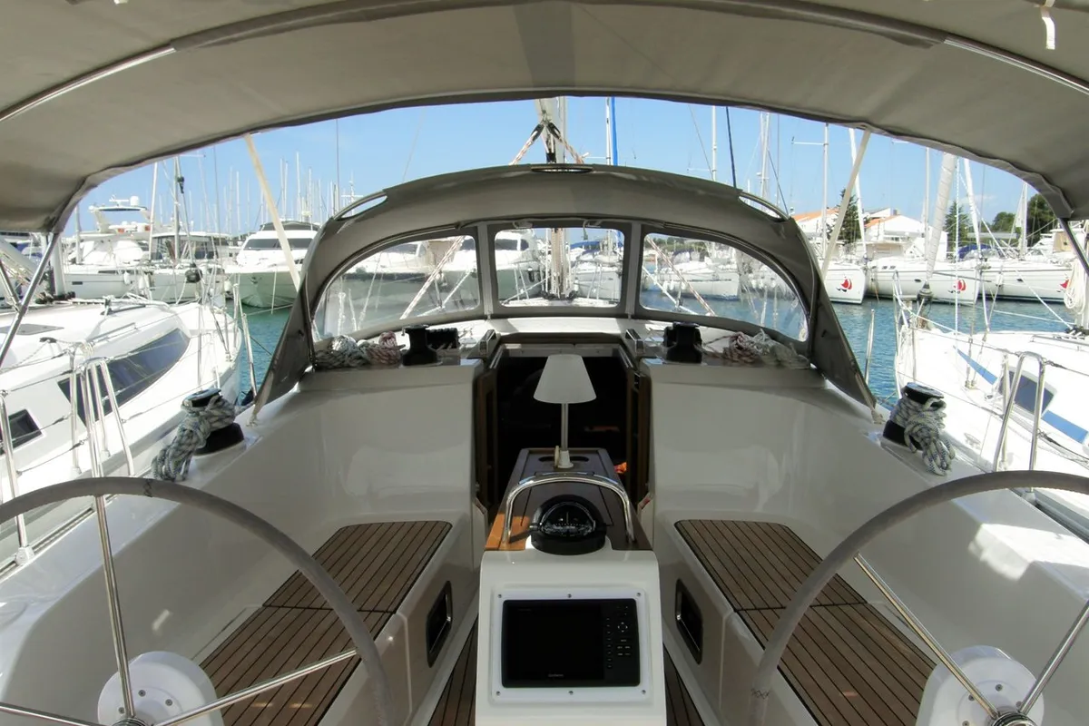 Cockpit of Bavaria Cruiser 41, a sailboat at Murter, Croatia