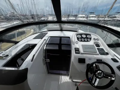 Cockpit of Denver, a Bavaria S29+ motorboat at Grad Pula, Croatia
